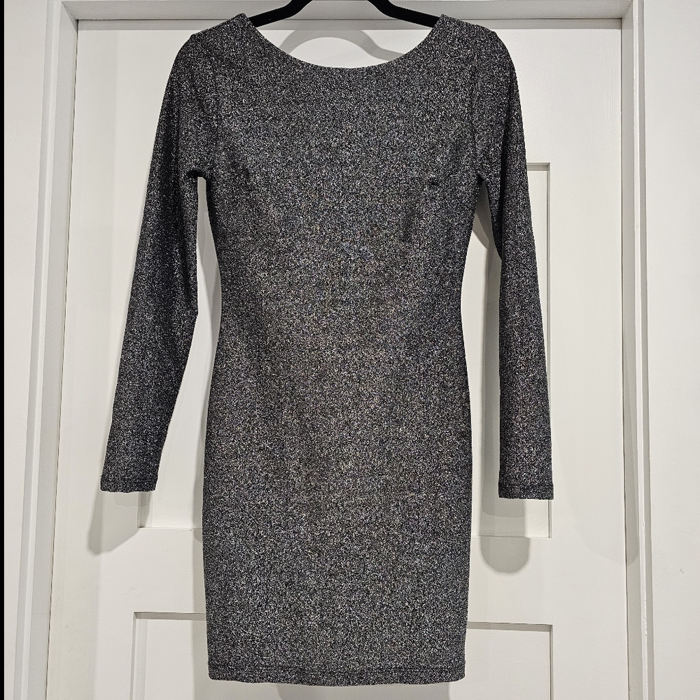CEFIAN Sparkly Glitter Ruched‎ Backless Long Sleeve Mini Dress